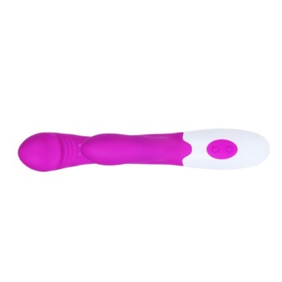 Massageador roxo com base branca e botões roxos isolado em fundo branco