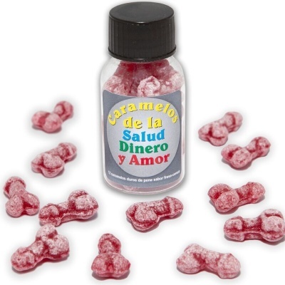Frasco de caramelos vermelhos com pó branco em forma de pénis com rótulo em espanhol