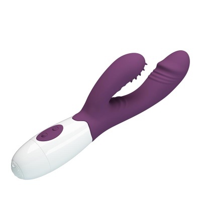Vibrador roxo com duas hastes e base branca com botões.