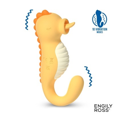 Vibrador amarelo em forma de cavalo-marinho com textura branca e laranja, texto 10 Vibration Modes