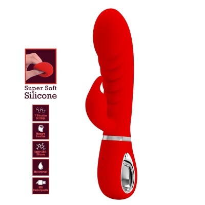 Vibrador vermelho em silicone com textura curvas e base cromada, texto explicativo ao lado.