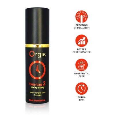 Frasco de spray preto com texto e ícones sobre estimulação de ereção e melhor desempenho