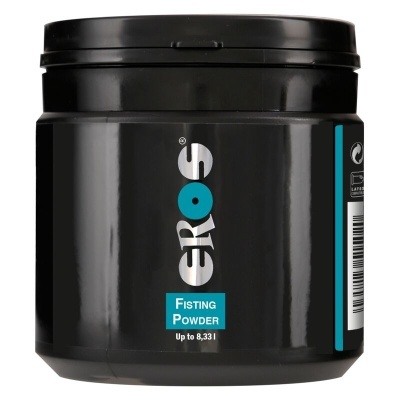 Recipiente preto com rótulo azul e branco, produto EROS Fisting Powder.