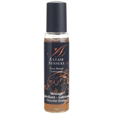 Frasco de óleo para massagem Extase Sensuel com rótulo preto e detalhes alaranjados