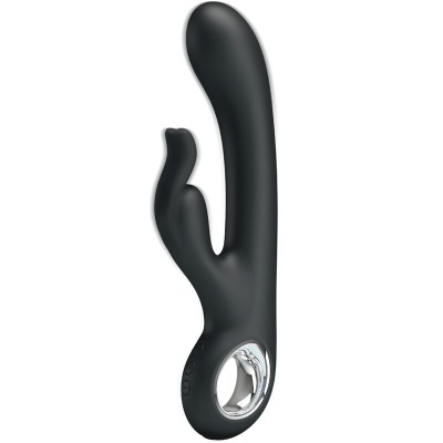 Vibrador preto com anel prateado e botões laterais