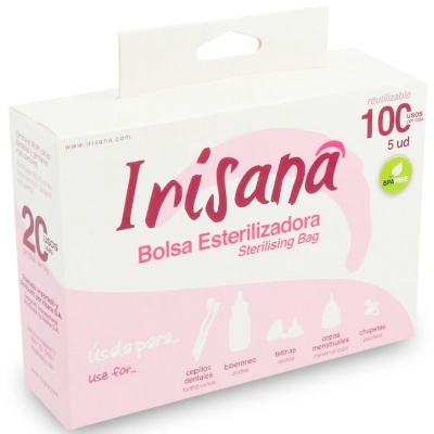 Embalagem da bolsa esterilizadora Irisana branca e rosa com texto e ícones de uso