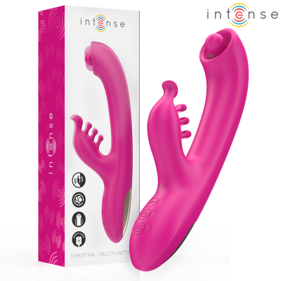 Vibrador rosa multifuncional em silicone com três botões e embalagem