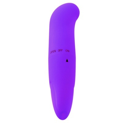 Vibrador roxo com botão rotativo em fundo branco