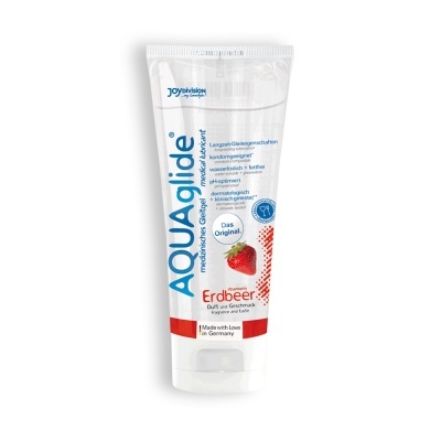 Tubo branco de lubrificante médico AQUAglide com imagem de morango e texto em azul e vermelho