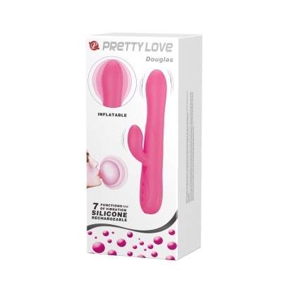 Caixa branca com vibrador rosa e texto Pretty Love Douglas e indicações de função inflável e sete modos de vibração