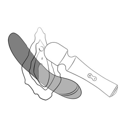 Desenho de microfone com botoes + e - ao lado de forma oval com mancha de tinta