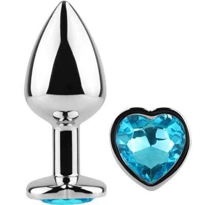 Plug anal metálico prateado com base em coração e diamante azul