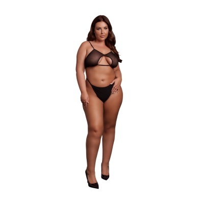 Conjunto de lingerie feminino preto com sutiã transparente e calcinha preta