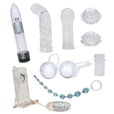 Conjunto de brinquedos sexuais transparentes com vibrador e acessórios texturizados