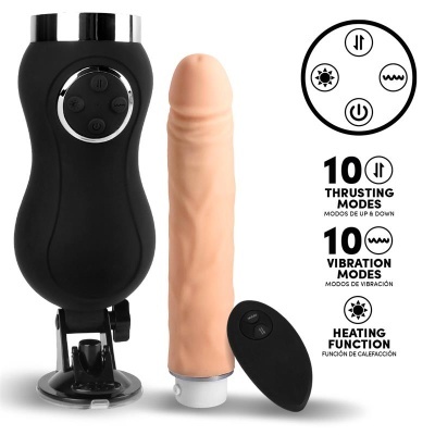 Imagem de estimulador sexual com base preta, acessório cor de pele e comando remoto preto