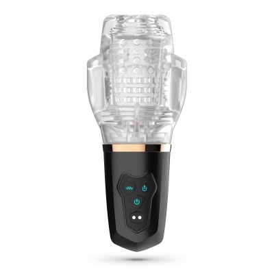 Aparelho eletrônico preto com botões iluminados a azul e parte superior transparente com textura.