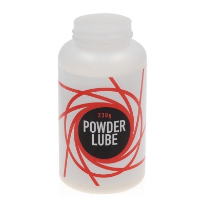 Frasco branco com rótulo e texto Powder Lube