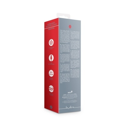 Embalagem de vibrador de silicone ultra suave para ponto G com texto e ícones em vermelho e cinza.