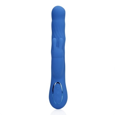 Vibrador azul com figura de coelho e botões de controlo azul metálicos