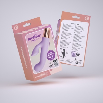 Imagem de embalagem de vibrador lilás com embalagem rosa e texto informativo