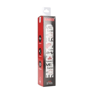 Embalagem de vibrador branco com padrão de corações e texto em vermelho e preto