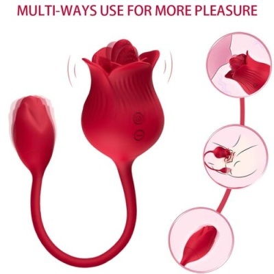 Dispositivo sexual vermelho em forma de flor com duas partes conectadas por fio flexível