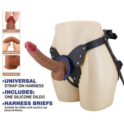Arnes universal strap-on com dildo de silicone marrom e cinta preta ajustável
