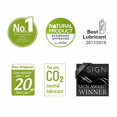 Selos e etiquetas de certificação e prémios para lubrificante natural