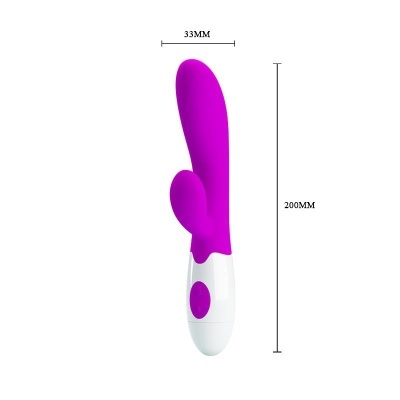 Vibrador roxo e branco com medidas indicadas em fundo branco