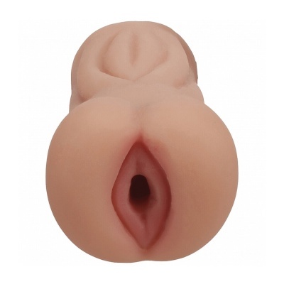 Produto em forma de região íntima feminina em cor pele com detalhes em rosa