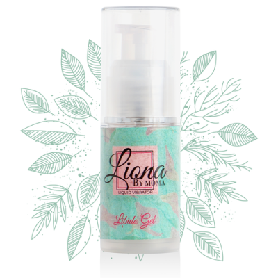 Frasco com gel Libido Gel Liona By Moma com desenho de folhas verdes ao fundo.