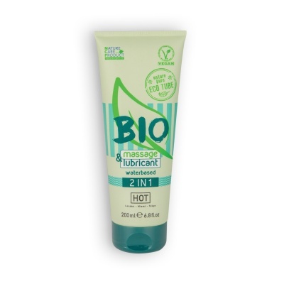 Tubo de gel ou creme verde e creme com texto BIO, massage & lubricant, VEGAN.