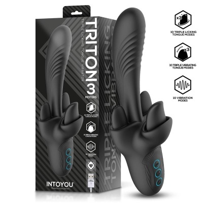 Vibrador preto com texturas e três botões azuis, embalagem preta com texto e ícones explicativos.