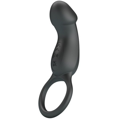 Anel vibratório preto com formato anatómico e inscrição com símbolos CE e reciclagem