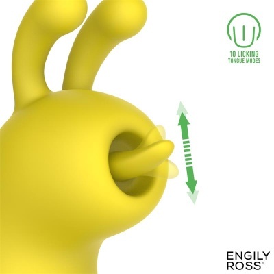 Produto amarelo silicone com componente em forma de língua e texto 10 LICKING TONGUE MODES