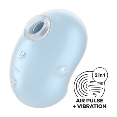 Dispositivo azul claro ergonómico com abertura circular e texto 2 in 1 AIR PULSE + VIBRATION