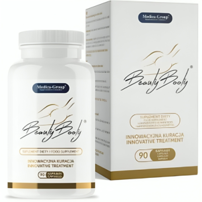 Frasco e caixa de suplemento Beauty Body brancos com detalhes dourados