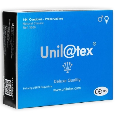 Caixa azul e preta de preservativos Unil@tex com texto branco e cinzento