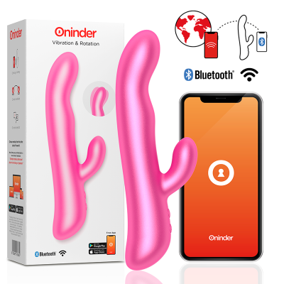 Vibrador rosa Oninder com controlo por app e caixa ao fundo