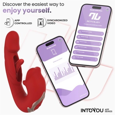 Vibrador vermelho em silicone com dois telemóveis exibindo aplicação ACTIVEJOY.