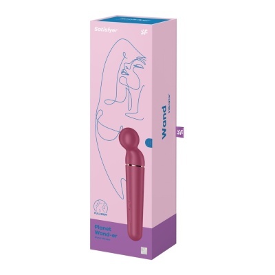 Caixa de produto rosa e lilás com desenho de rosto azul e vibrador cor-de-vinho