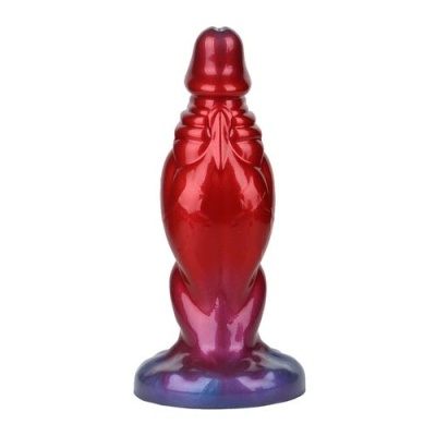 Produto em silicone vermelho com base prateada roxa