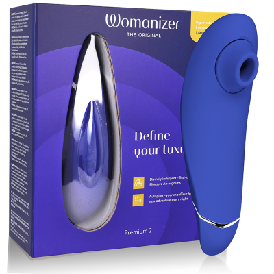Produto Womanizer Premium 2 azul com caixa azul e detalhes em prata