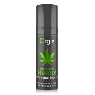 Frasco preto de gel íntimo com rótulo verde e texto sobre óleo de semente de cânhamo.