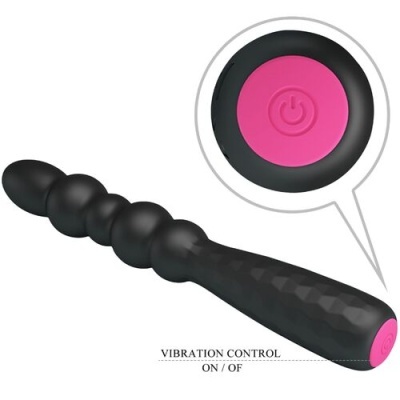 Leque preto com cabo texturizado e botão rosa de controlo de vibração