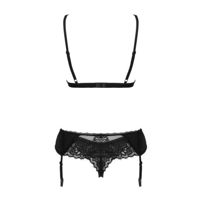 Conjunto de lingerie preto com cinto de ligas e renda