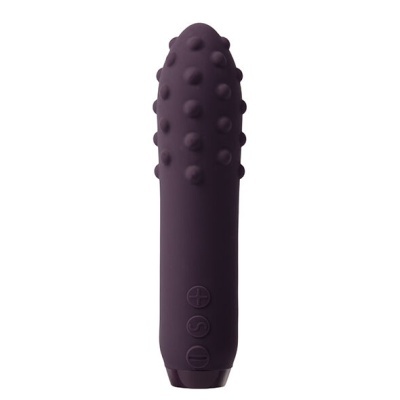 Vibrador roxo escuro com textura de bolinhas e botões na base