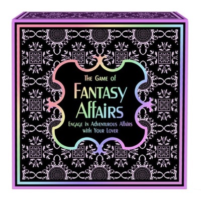 Caixa de jogo Fantasy Affairs com texto colorido e padrão decorativo preto e branco