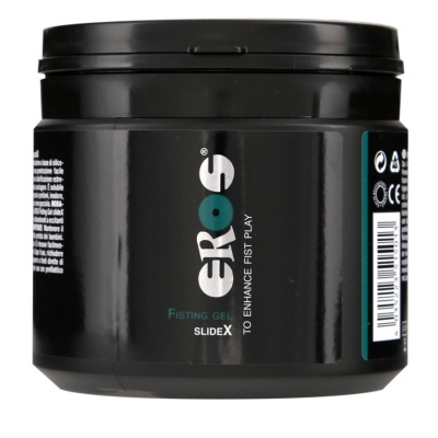 Frasco preto de gel para fisting da marca Eros com rótulo e texto branco e verde
