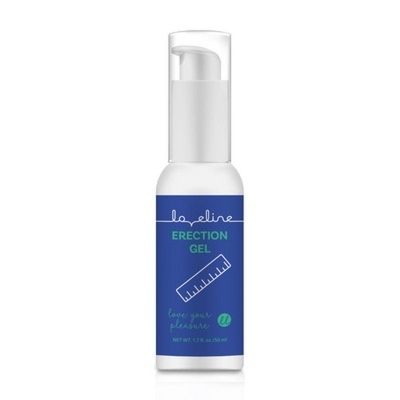 Frasco de gel de ereção com rótulo azul e tampa transparente